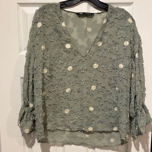 Zara Sage Green Textured Polka Dot Blouse